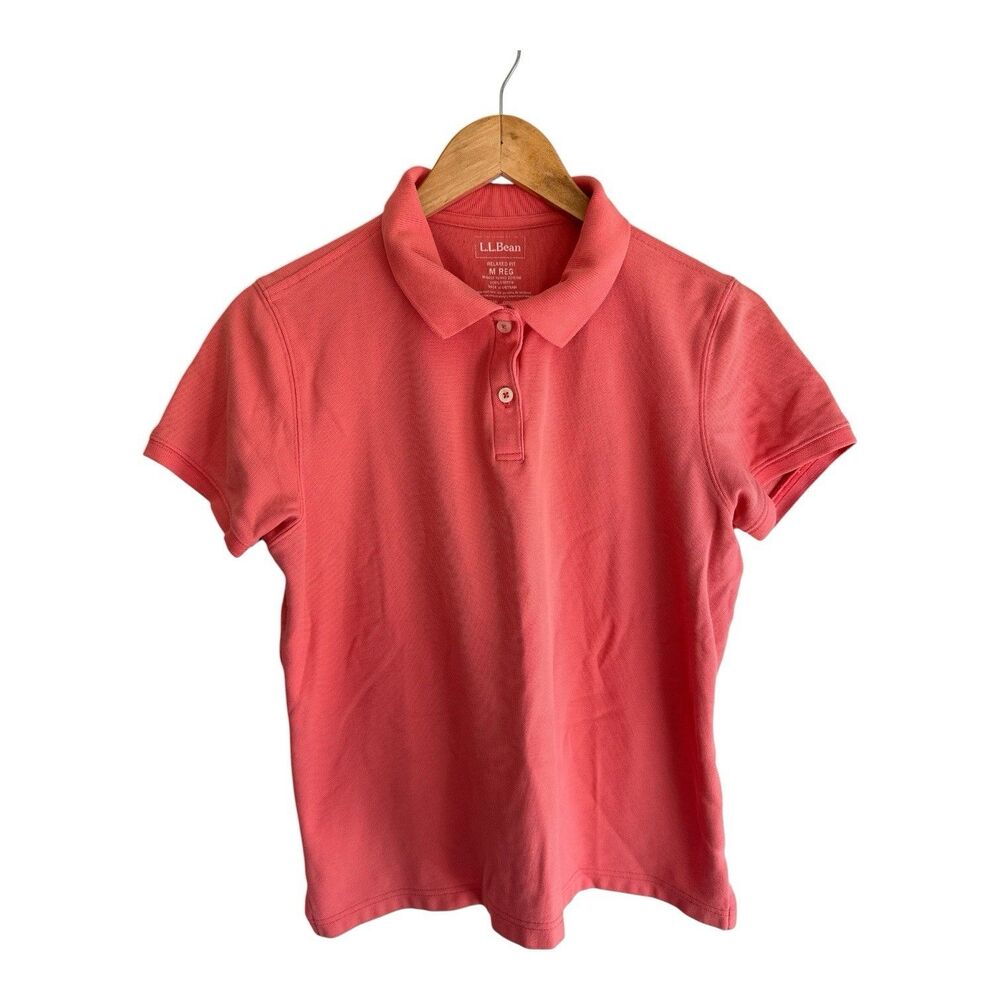 LL Bean Women's Peach Relaxed Fit Short Sleeve Pique Polo Shirt Medium Cotton